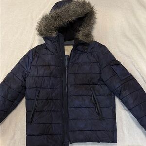 Calvin Klein Blue Puffer Jacket with Faux Fur Trim